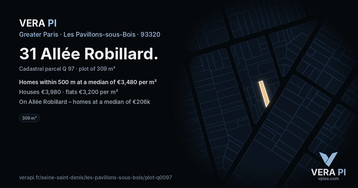 31 Allée Robillard, Les Pavillons-sous-Bois at night – the plot lit, the parcels around coloured by the prices near them