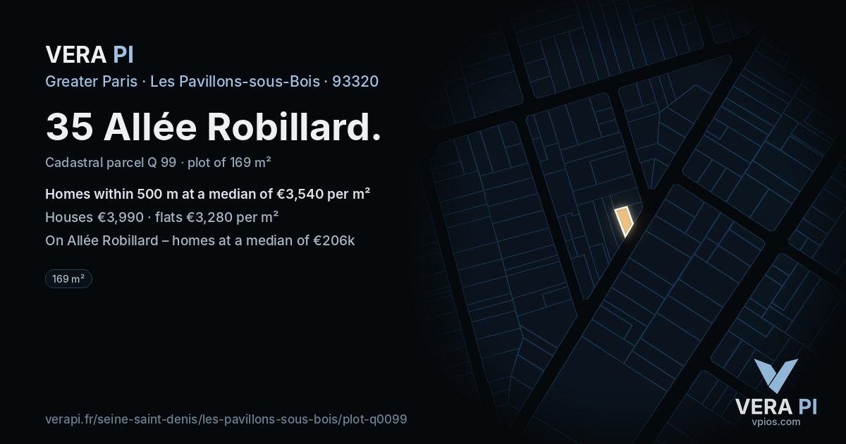 35 Allée Robillard, Les Pavillons-sous-Bois at night – the plot lit, the parcels around coloured by the prices near them