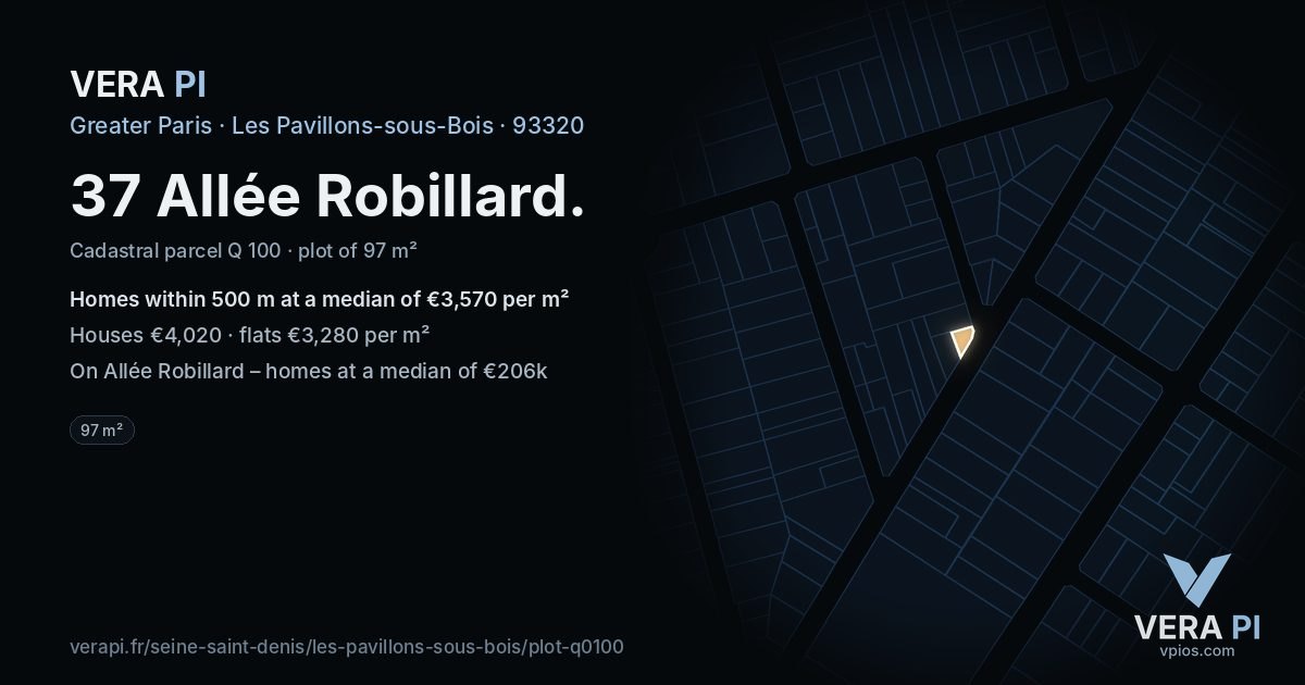 37 Allée Robillard, Les Pavillons-sous-Bois at night – the plot lit, the parcels around coloured by the prices near them