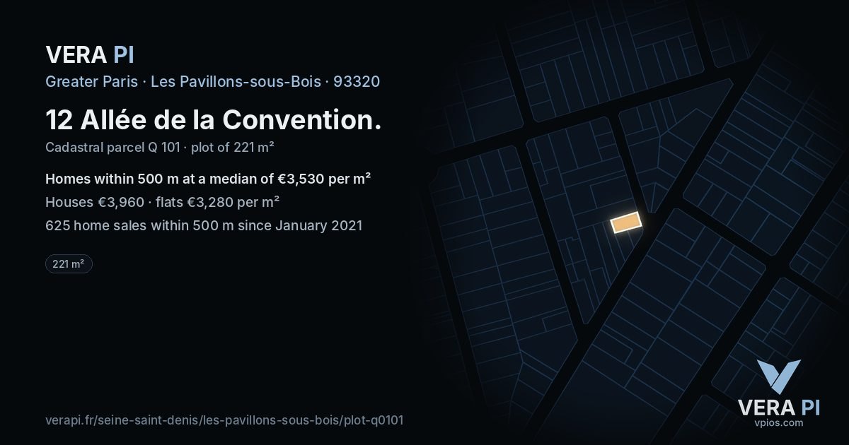 12 Allée de la Convention, Les Pavillons-sous-Bois at night – the plot lit, the parcels around coloured by the prices near them