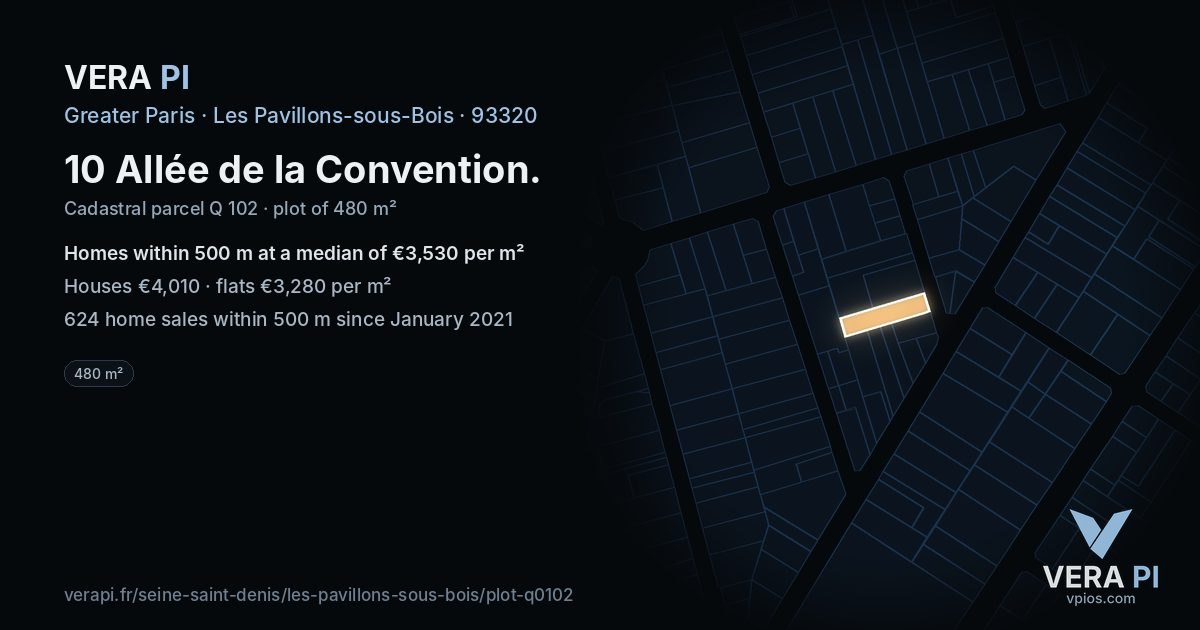 10 Allée de la Convention, Les Pavillons-sous-Bois at night – the plot lit, the parcels around coloured by the prices near them