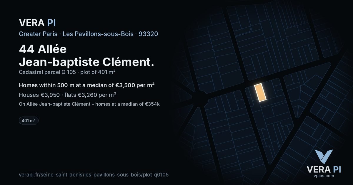44 Allée Jean-baptiste Clément, Les Pavillons-sous-Bois at night – the plot lit, the parcels around coloured by the prices near them