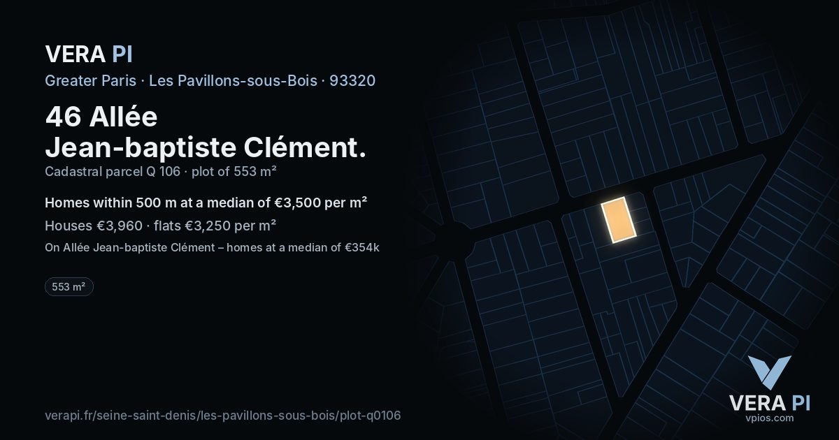 46 Allée Jean-baptiste Clément, Les Pavillons-sous-Bois at night – the plot lit, the parcels around coloured by the prices near them