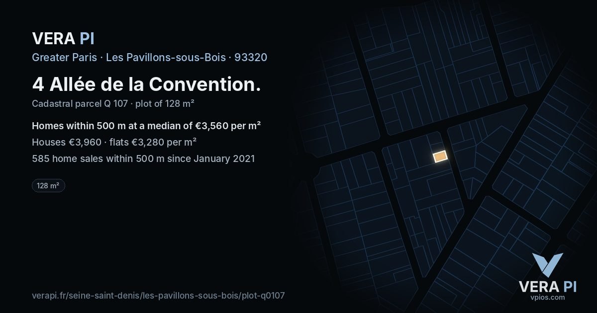 4 Allée de la Convention, Les Pavillons-sous-Bois at night – the plot lit, the parcels around coloured by the prices near them
