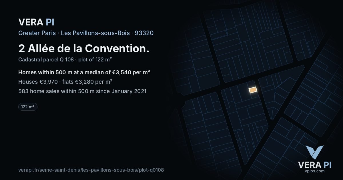 2 Allée de la Convention, Les Pavillons-sous-Bois at night – the plot lit, the parcels around coloured by the prices near them