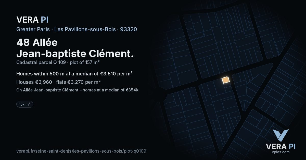 48 Allée Jean-baptiste Clément, Les Pavillons-sous-Bois at night – the plot lit, the parcels around coloured by the prices near them