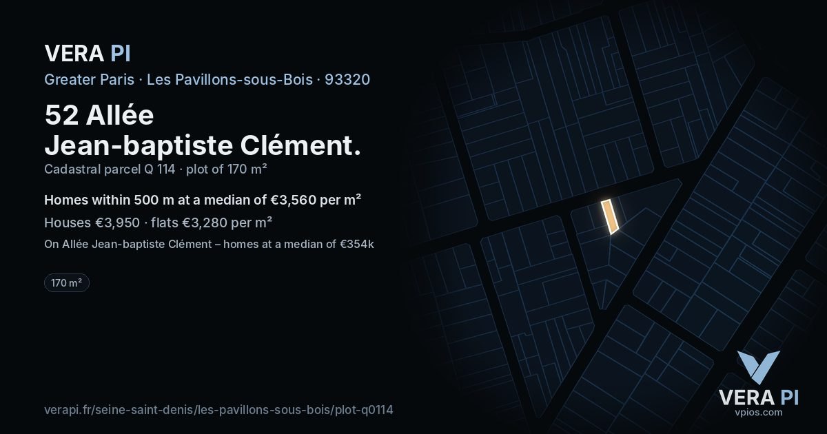 52 Allée Jean-baptiste Clément, Les Pavillons-sous-Bois at night – the plot lit, the parcels around coloured by the prices near them