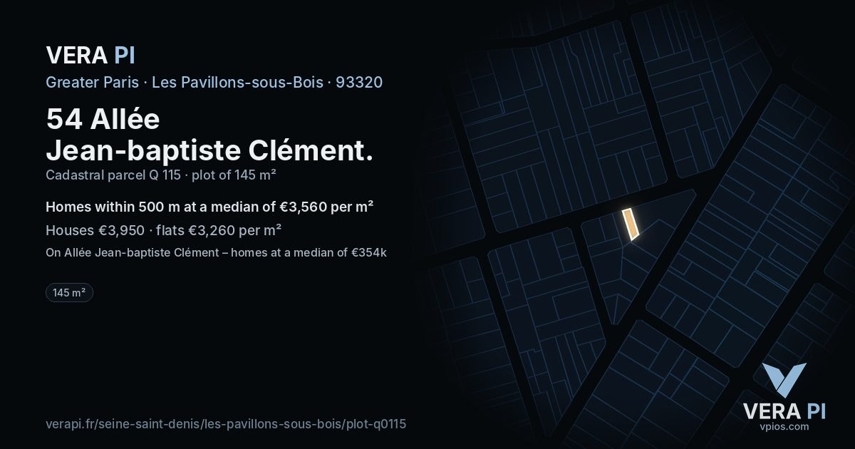 54 Allée Jean-baptiste Clément, Les Pavillons-sous-Bois at night – the plot lit, the parcels around coloured by the prices near them