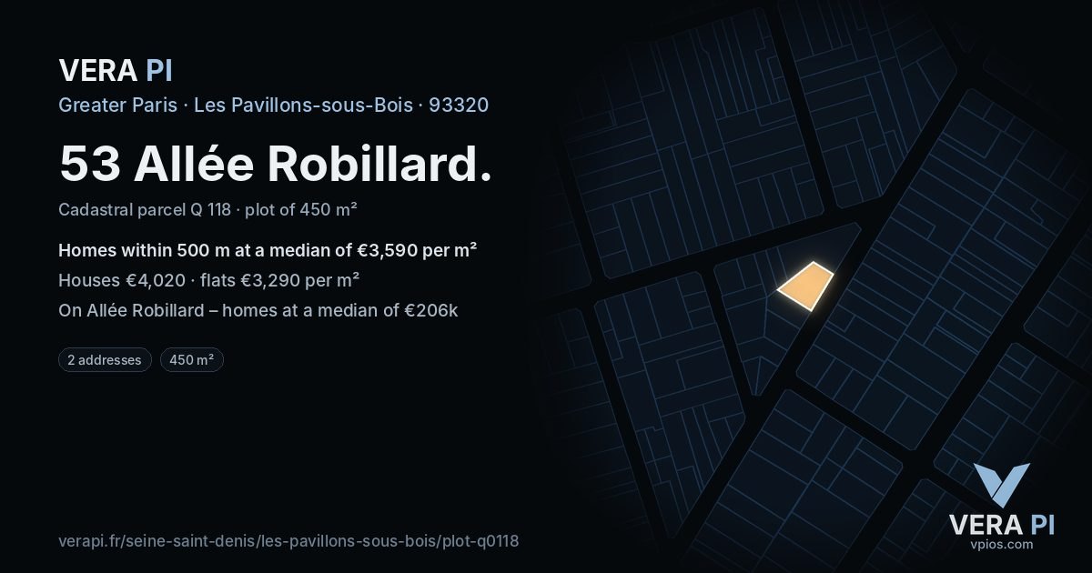 53 Allée Robillard, Les Pavillons-sous-Bois at night – the plot lit, the parcels around coloured by the prices near them