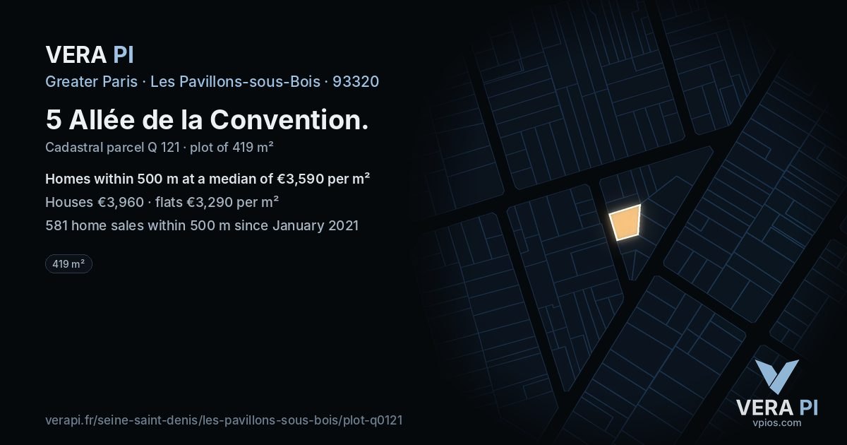 5 Allée de la Convention, Les Pavillons-sous-Bois at night – the plot lit, the parcels around coloured by the prices near them