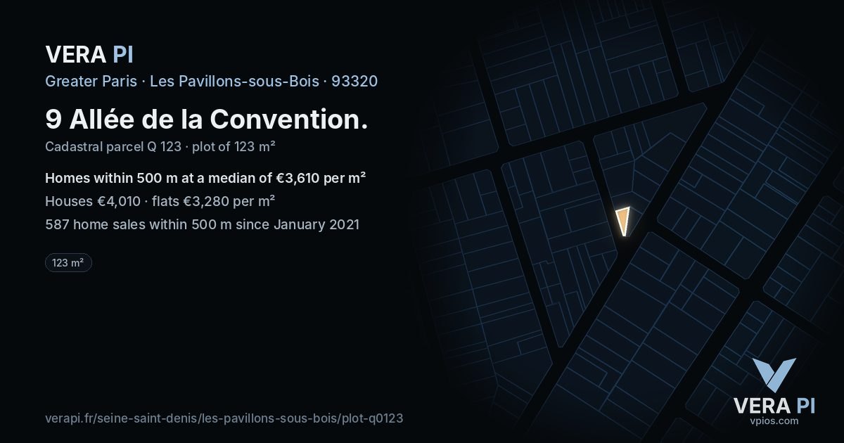 9 Allée de la Convention, Les Pavillons-sous-Bois at night – the plot lit, the parcels around coloured by the prices near them