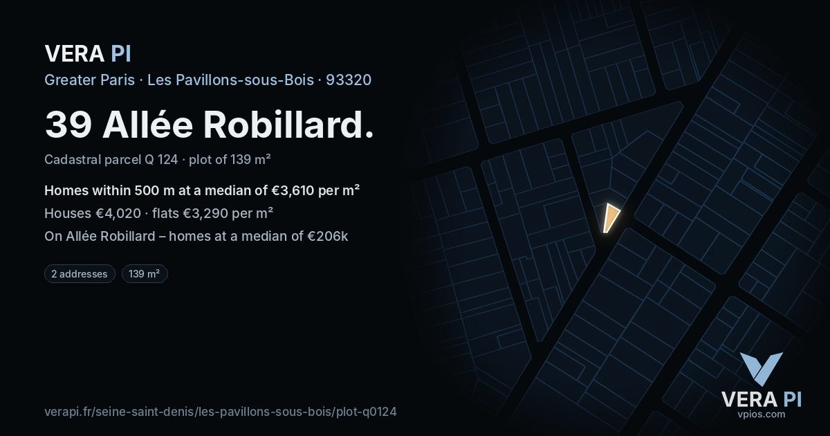 39 Allée Robillard, Les Pavillons-sous-Bois at night – the plot lit, the parcels around coloured by the prices near them