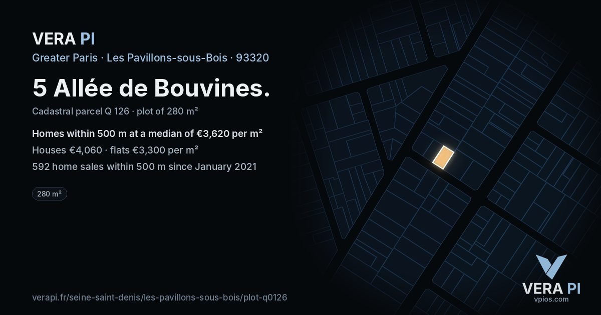 5 Allée de Bouvines, Les Pavillons-sous-Bois at night – the plot lit, the parcels around coloured by the prices near them