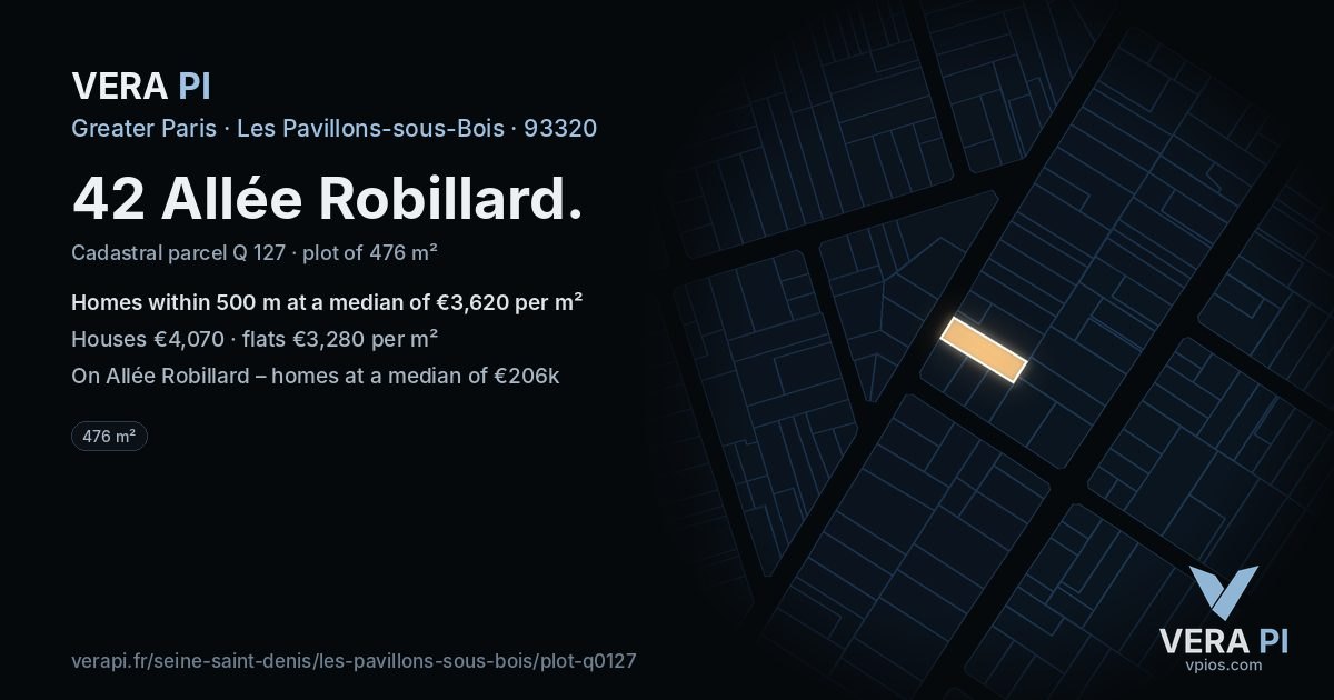 42 Allée Robillard, Les Pavillons-sous-Bois at night – the plot lit, the parcels around coloured by the prices near them