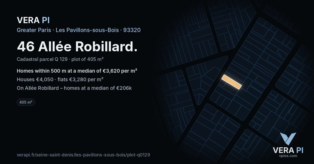 46 Allée Robillard, Les Pavillons-sous-Bois at night – the plot lit, the parcels around coloured by the prices near them