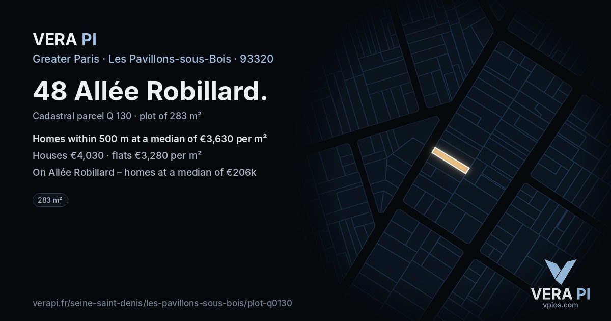 48 Allée Robillard, Les Pavillons-sous-Bois at night – the plot lit, the parcels around coloured by the prices near them