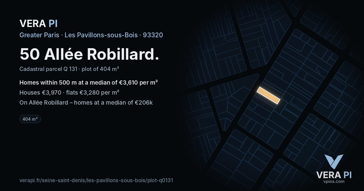 50 Allée Robillard, Les Pavillons-sous-Bois at night – the plot lit, the parcels around coloured by the prices near them