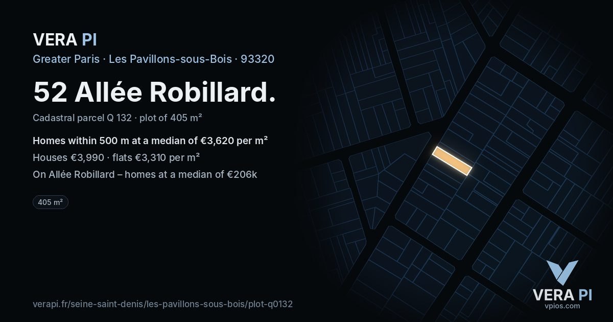 52 Allée Robillard, Les Pavillons-sous-Bois at night – the plot lit, the parcels around coloured by the prices near them