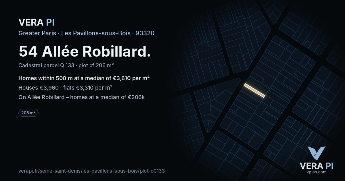 54 Allée Robillard, Les Pavillons-sous-Bois at night – the plot lit, the parcels around coloured by the prices near them