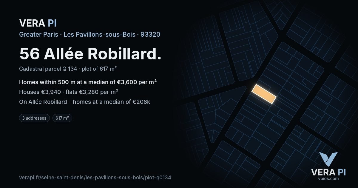 56 Allée Robillard, Les Pavillons-sous-Bois at night – the plot lit, the parcels around coloured by the prices near them