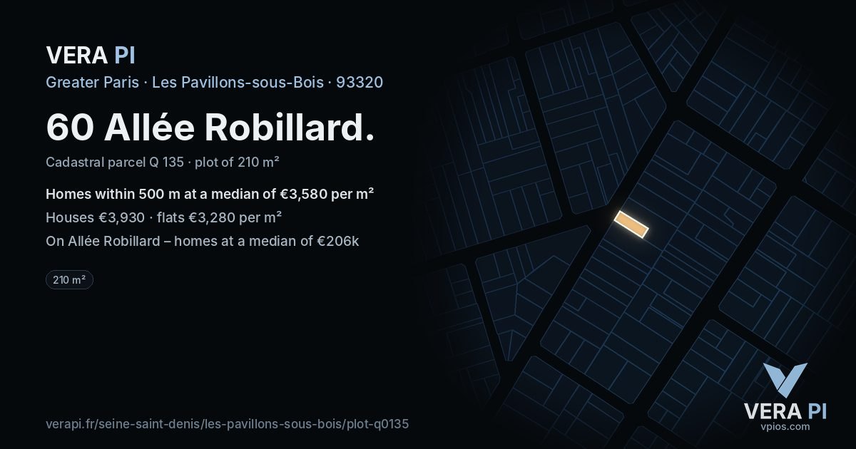 60 Allée Robillard, Les Pavillons-sous-Bois at night – the plot lit, the parcels around coloured by the prices near them