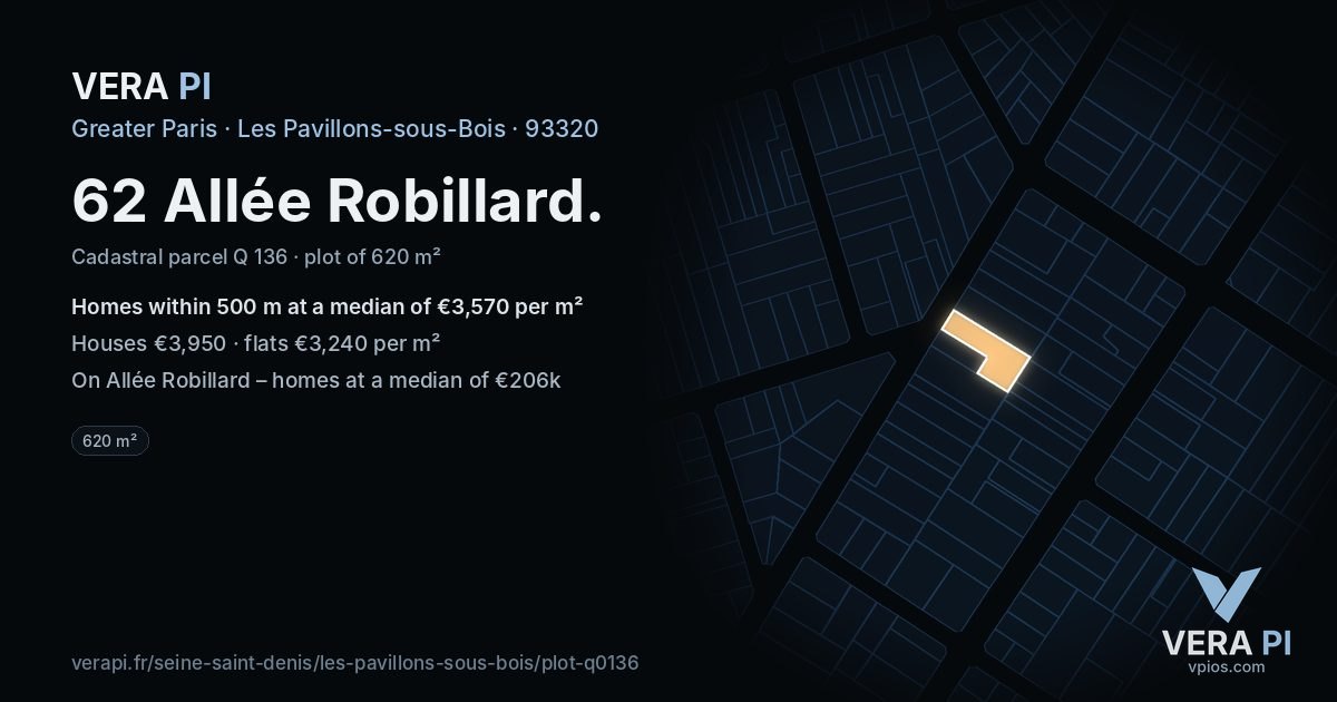 62 Allée Robillard, Les Pavillons-sous-Bois at night – the plot lit, the parcels around coloured by the prices near them