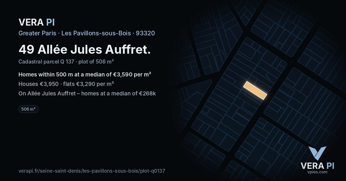 49 Allée Jules Auffret, Les Pavillons-sous-Bois at night – the plot lit, the parcels around coloured by the prices near them