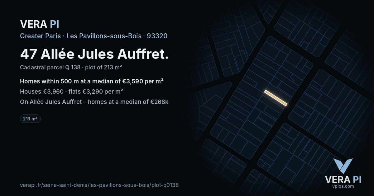 47 Allée Jules Auffret, Les Pavillons-sous-Bois at night – the plot lit, the parcels around coloured by the prices near them