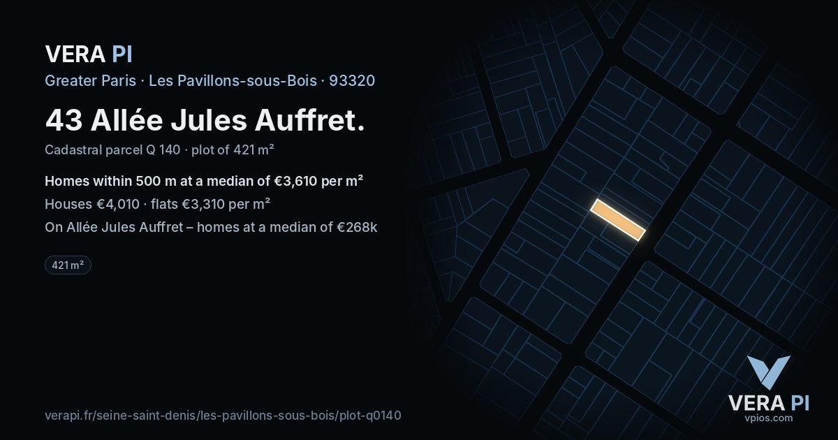43 Allée Jules Auffret, Les Pavillons-sous-Bois at night – the plot lit, the parcels around coloured by the prices near them