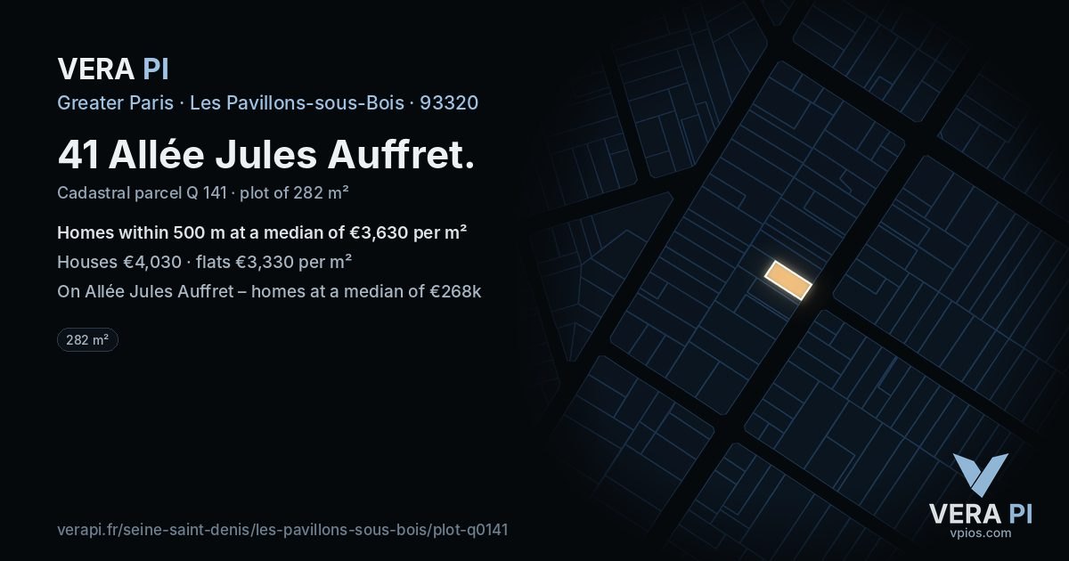 41 Allée Jules Auffret, Les Pavillons-sous-Bois at night – the plot lit, the parcels around coloured by the prices near them