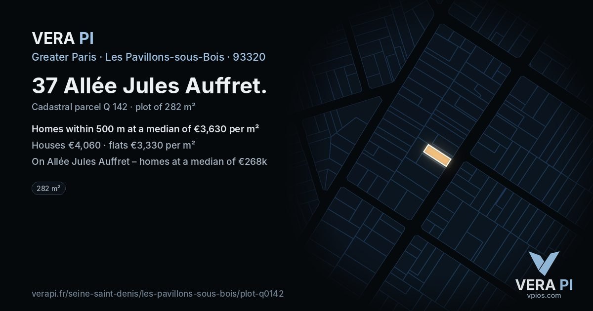 37 Allée Jules Auffret, Les Pavillons-sous-Bois at night – the plot lit, the parcels around coloured by the prices near them