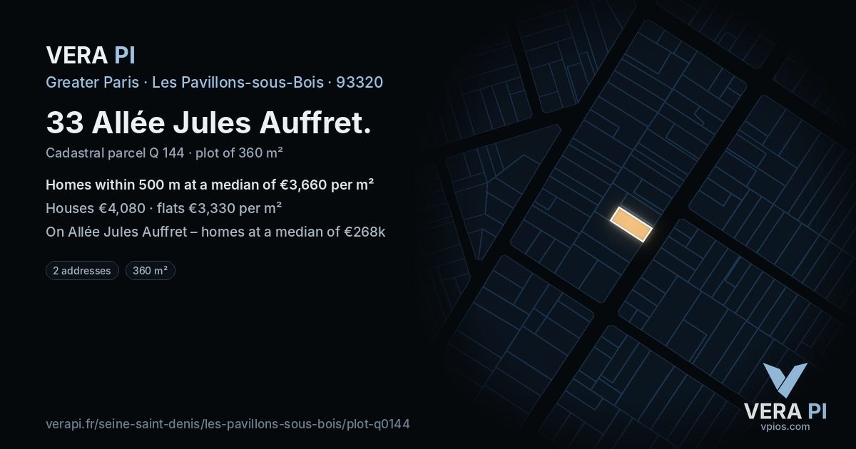 33 Allée Jules Auffret, Les Pavillons-sous-Bois at night – the plot lit, the parcels around coloured by the prices near them