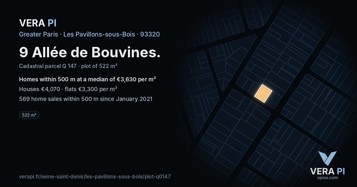 9 Allée de Bouvines, Les Pavillons-sous-Bois at night – the plot lit, the parcels around coloured by the prices near them