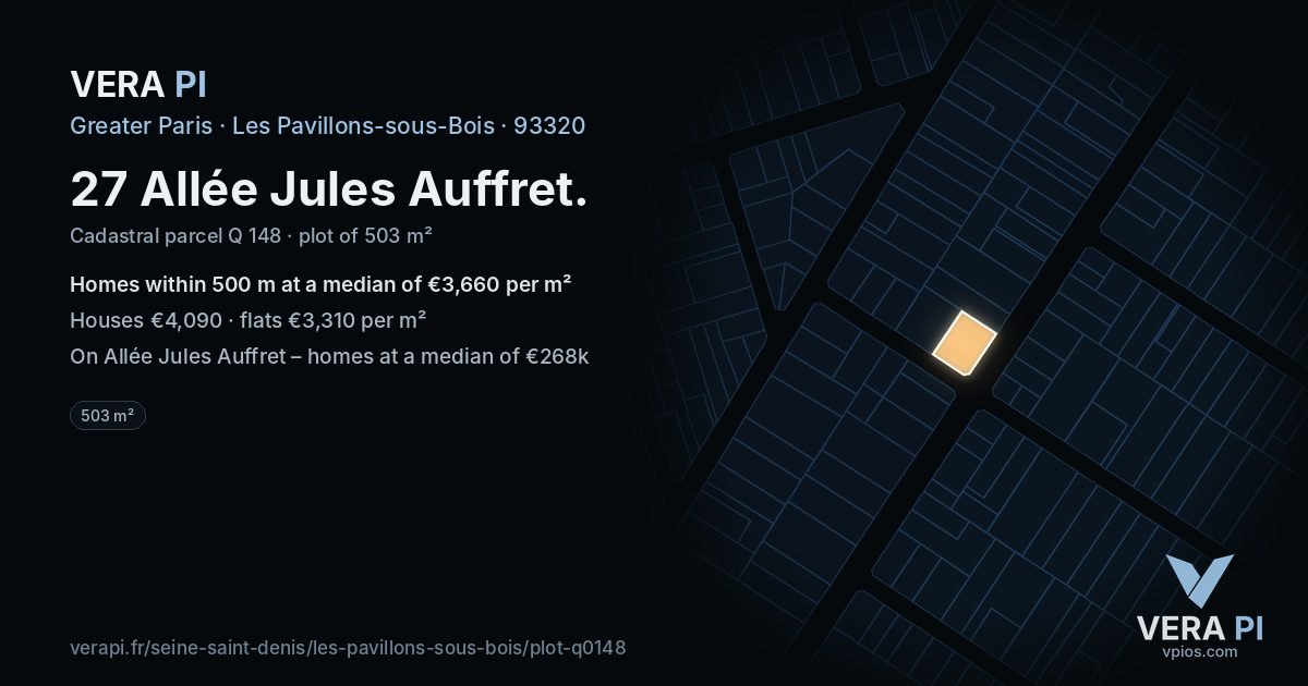 27 Allée Jules Auffret, Les Pavillons-sous-Bois at night – the plot lit, the parcels around coloured by the prices near them