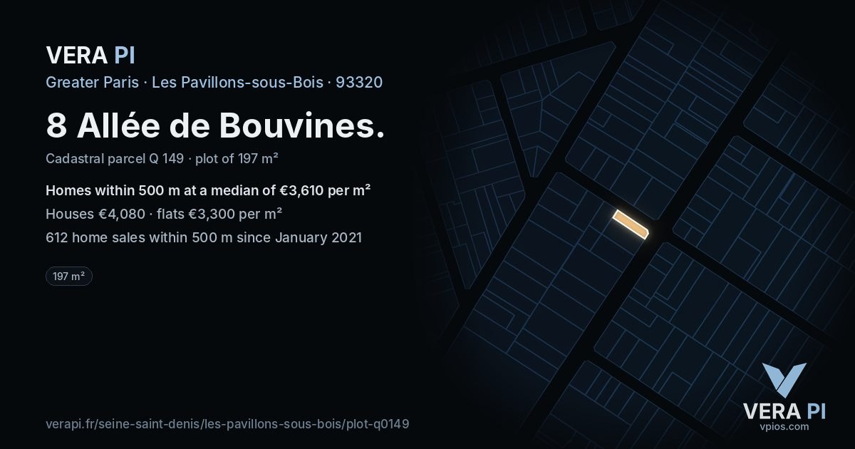 8 Allée de Bouvines, Les Pavillons-sous-Bois at night – the plot lit, the parcels around coloured by the prices near them
