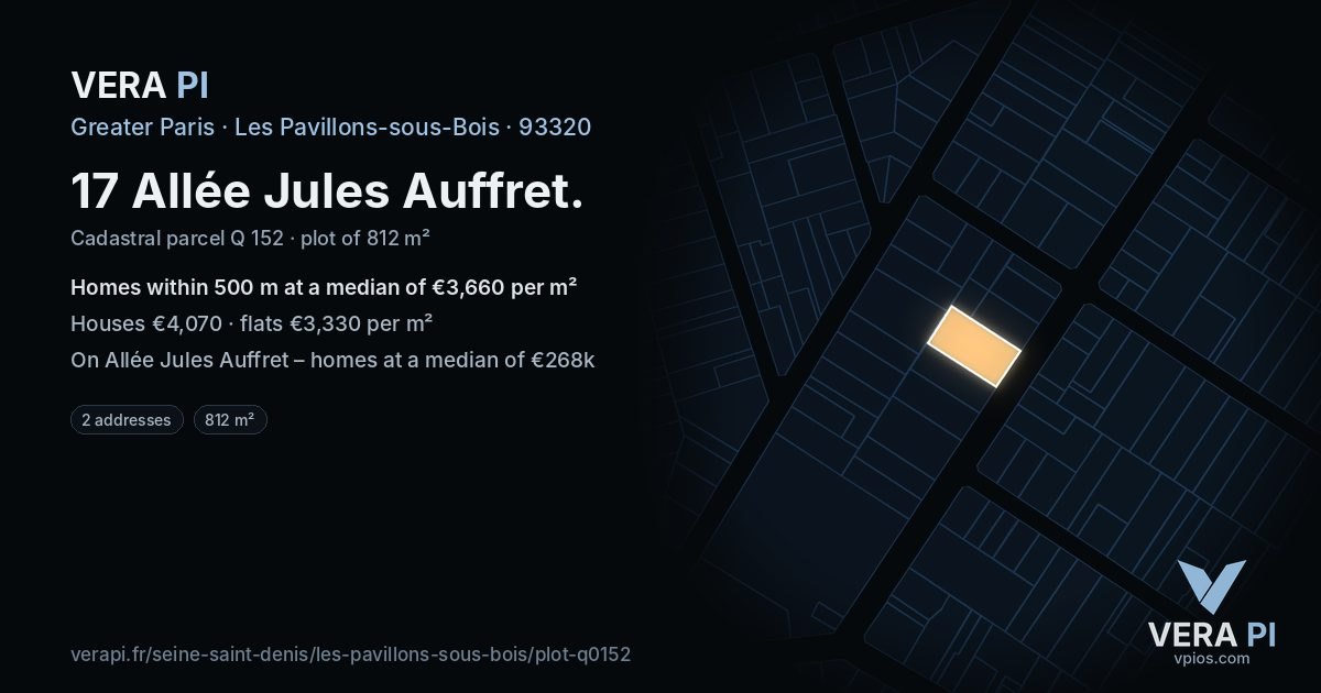 17 Allée Jules Auffret, Les Pavillons-sous-Bois at night – the plot lit, the parcels around coloured by the prices near them