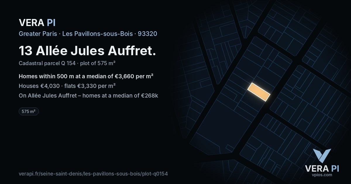 13 Allée Jules Auffret, Les Pavillons-sous-Bois at night – the plot lit, the parcels around coloured by the prices near them