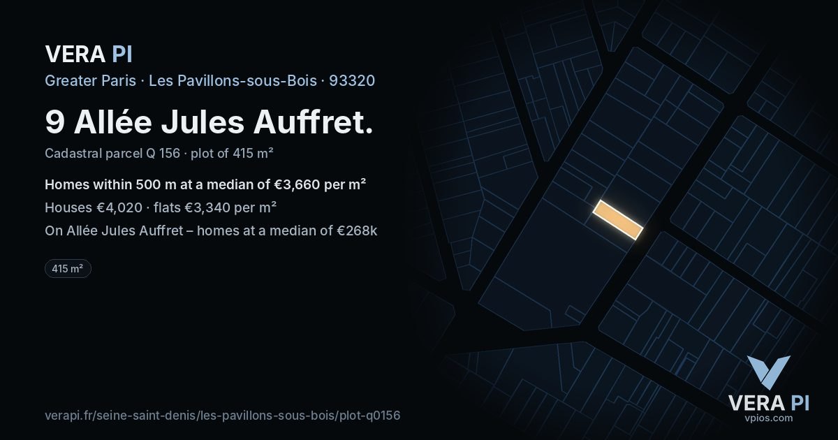 9 Allée Jules Auffret, Les Pavillons-sous-Bois at night – the plot lit, the parcels around coloured by the prices near them