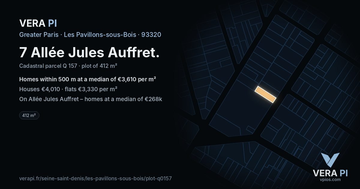 7 Allée Jules Auffret, Les Pavillons-sous-Bois at night – the plot lit, the parcels around coloured by the prices near them