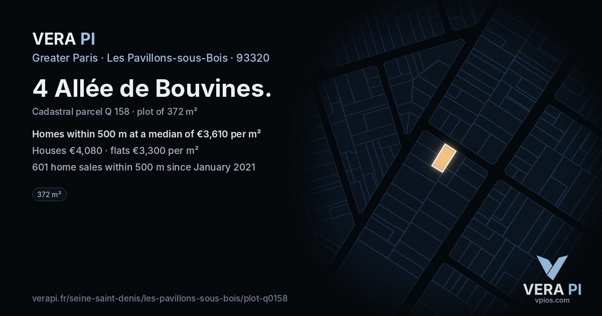 4 Allée de Bouvines, Les Pavillons-sous-Bois at night – the plot lit, the parcels around coloured by the prices near them