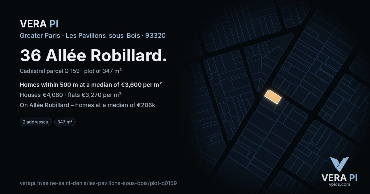 36 Allée Robillard, Les Pavillons-sous-Bois at night – the plot lit, the parcels around coloured by the prices near them