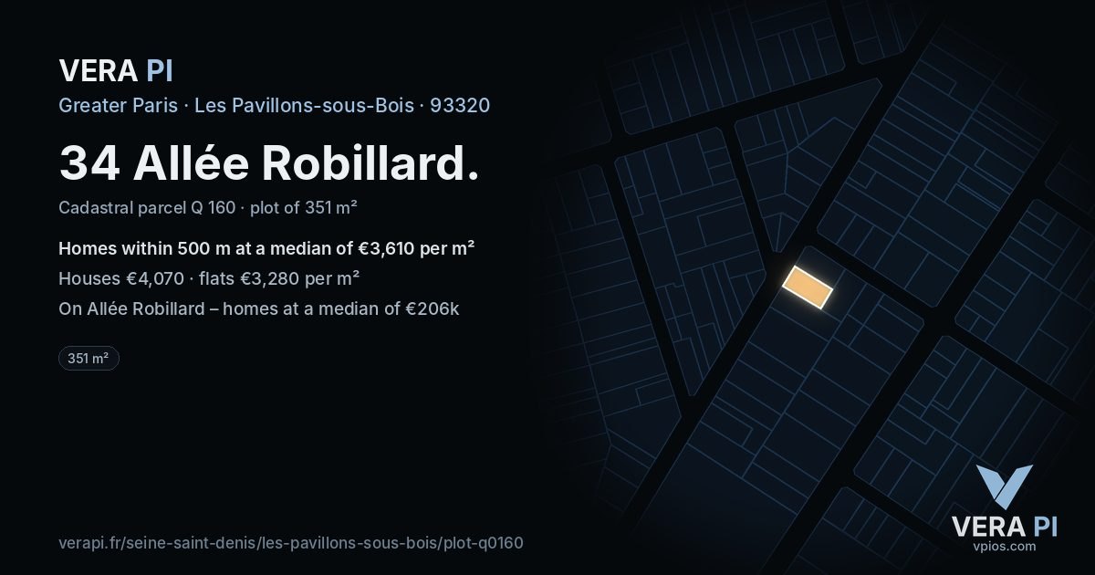 34 Allée Robillard, Les Pavillons-sous-Bois at night – the plot lit, the parcels around coloured by the prices near them