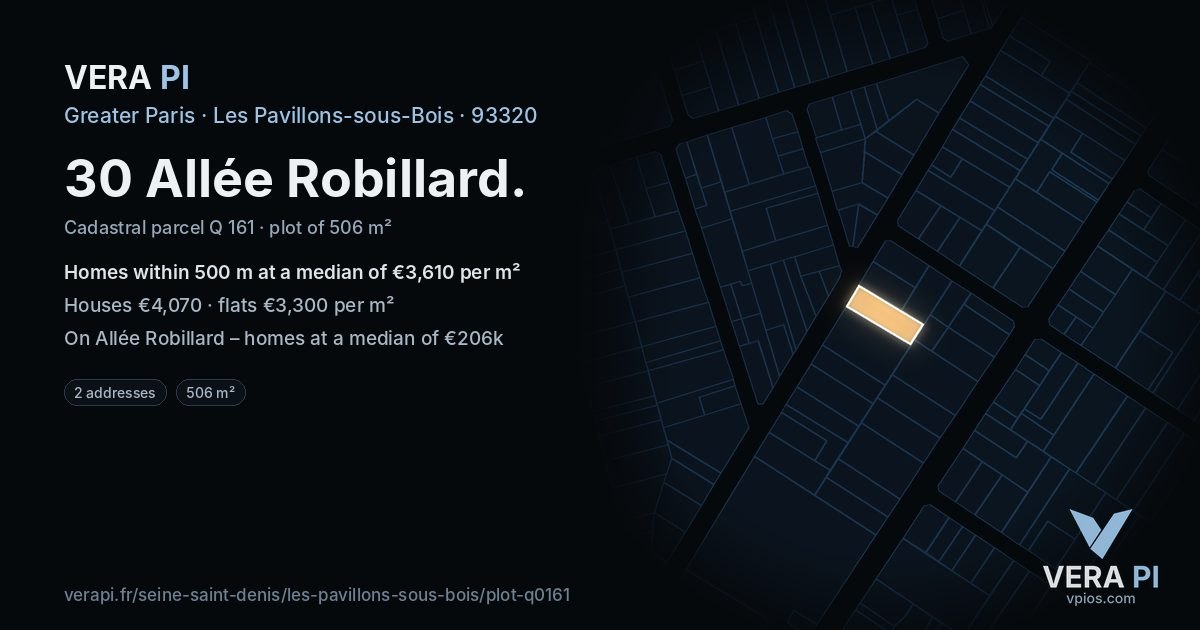 30 Allée Robillard, Les Pavillons-sous-Bois at night – the plot lit, the parcels around coloured by the prices near them