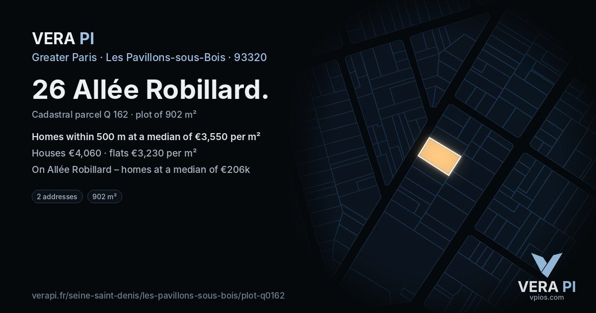 26 Allée Robillard, Les Pavillons-sous-Bois at night – the plot lit, the parcels around coloured by the prices near them
