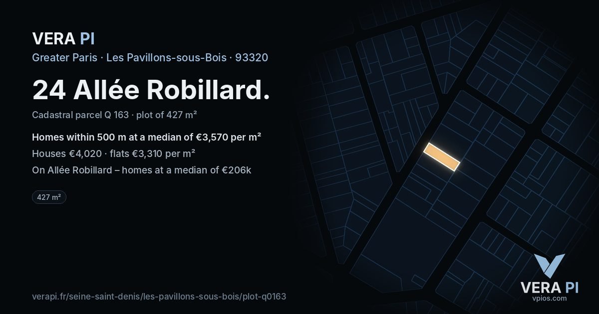 24 Allée Robillard, Les Pavillons-sous-Bois at night – the plot lit, the parcels around coloured by the prices near them