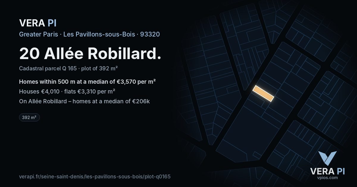 20 Allée Robillard, Les Pavillons-sous-Bois at night – the plot lit, the parcels around coloured by the prices near them