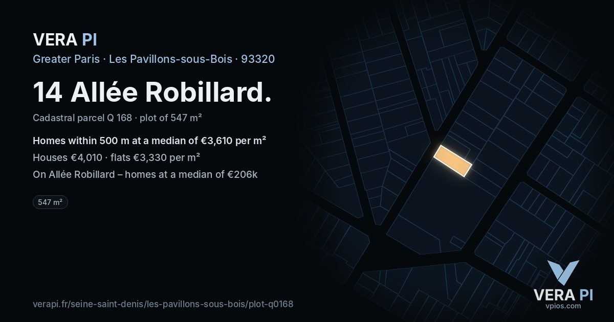 14 Allée Robillard, Les Pavillons-sous-Bois at night – the plot lit, the parcels around coloured by the prices near them