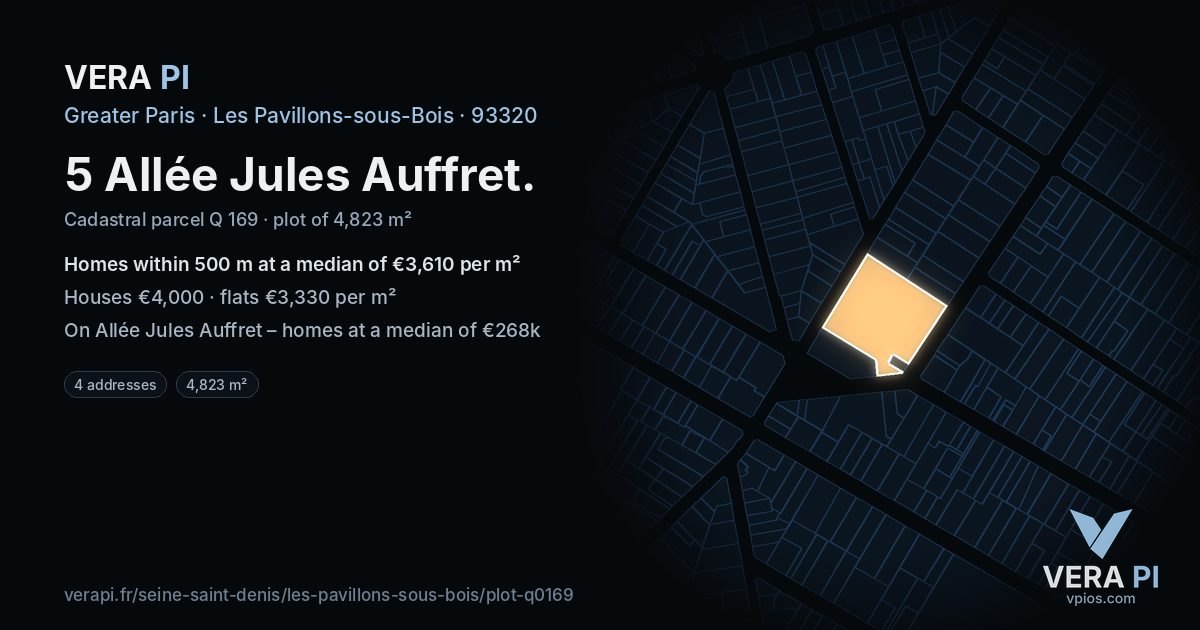 5 Allée Jules Auffret, Les Pavillons-sous-Bois at night – the plot lit, the parcels around coloured by the prices near them