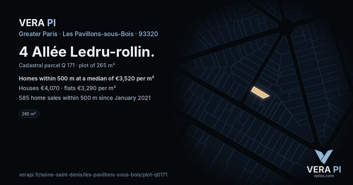 4 Allée Ledru-rollin, Les Pavillons-sous-Bois at night – the plot lit, the parcels around coloured by the prices near them