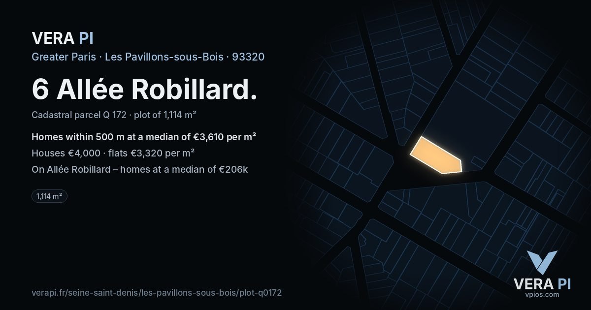 6 Allée Robillard, Les Pavillons-sous-Bois at night – the plot lit, the parcels around coloured by the prices near them